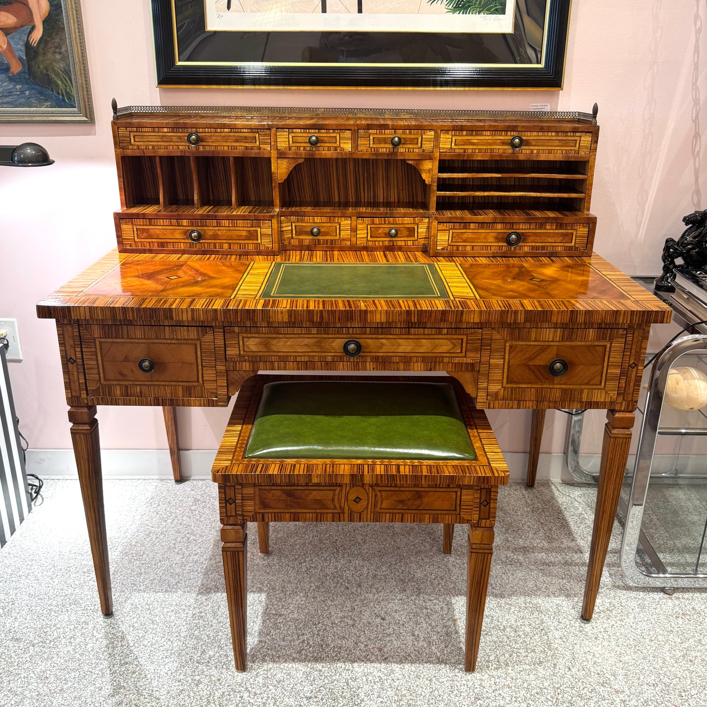 Vintage Carlton House Style Marquetry Writing Desk and Stool