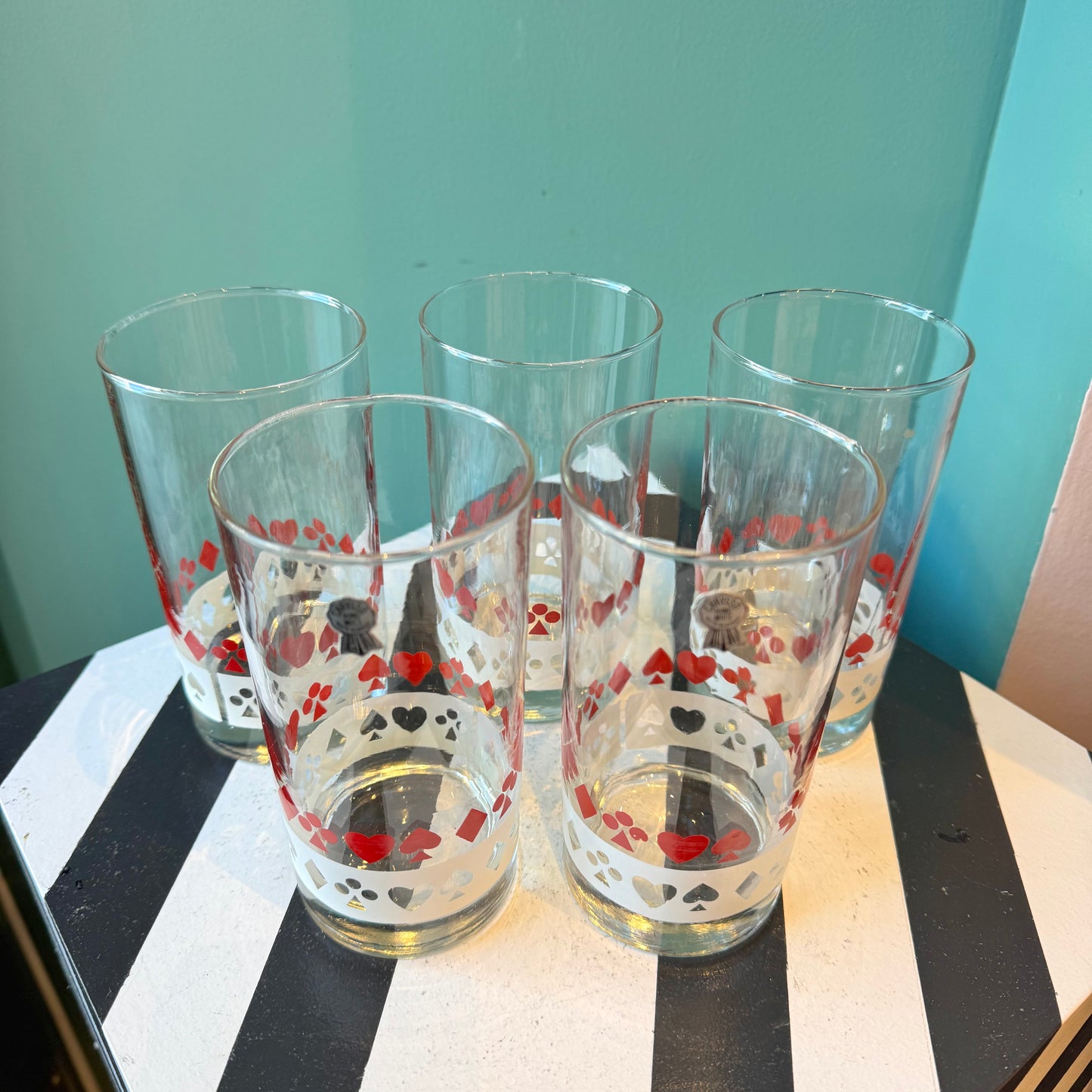 Set of 5 Vintage Red and White Card Suit Highball Glasses