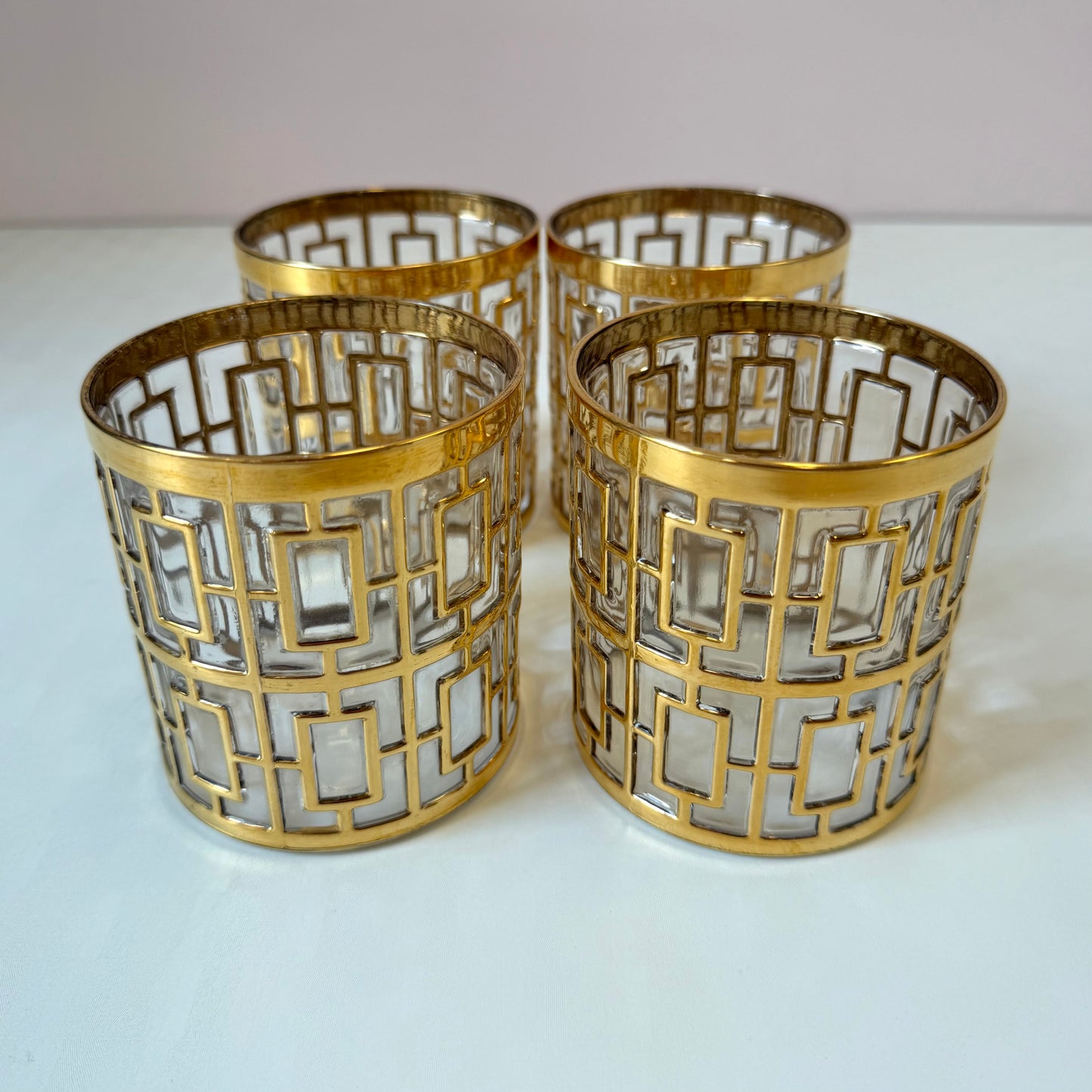 Vintage Set of 4 Imperial Glass Company Tumbler Glasses in the Gold Shoji Pattern