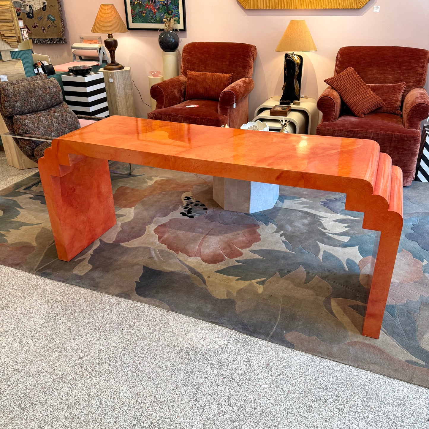 Vintage Postmodern Faux Goatskin Orange Lacquer Console Table