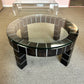 Vintage Postmodern Dark Wood Block and Glass Circular Coffee Table