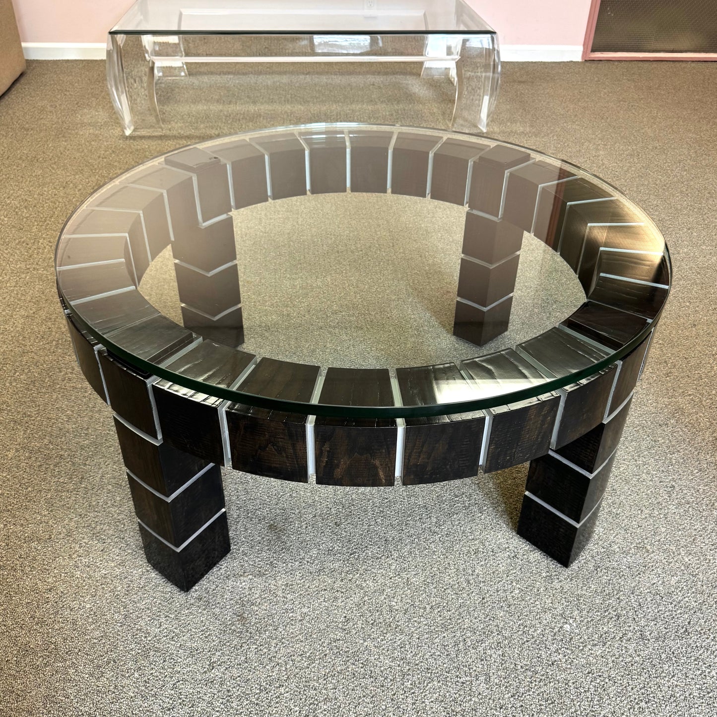 Vintage Postmodern Dark Wood Block and Glass Circular Coffee Table