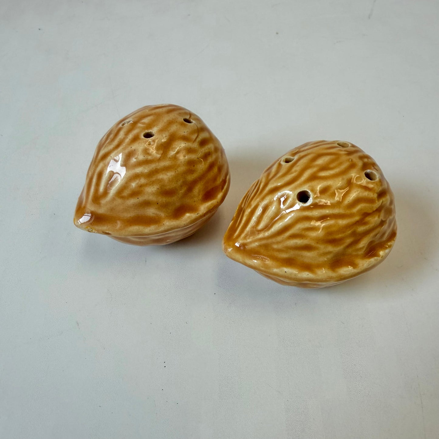 Pair of Vintage Ceramic Walnut Salt and Pepper Shakers