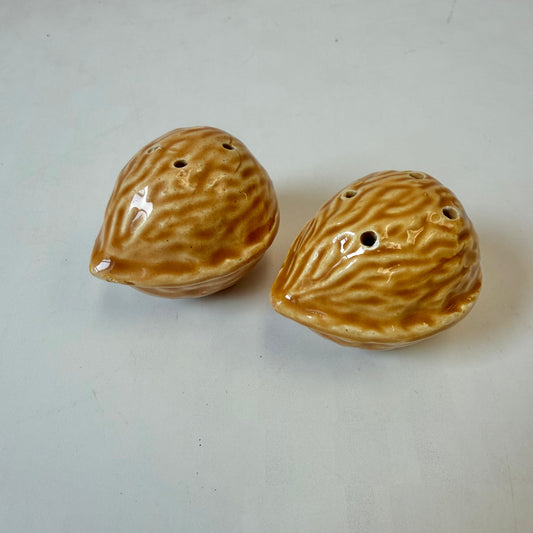 Pair of Vintage Ceramic Walnut Salt and Pepper Shakers