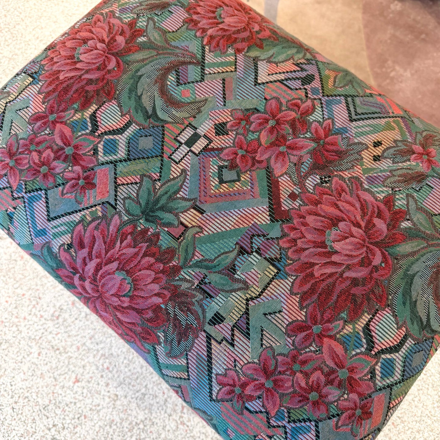 Vintage 1980’s Graphic Floral Upholstered Parson’s Ottoman Bench
