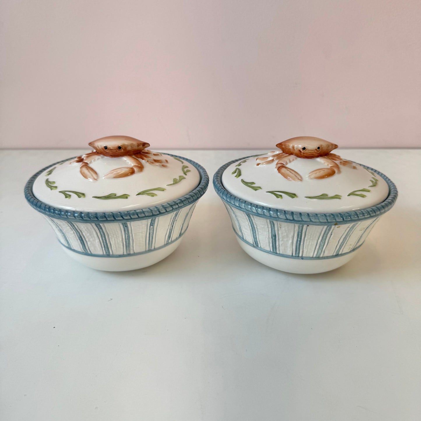 Vintage Pair of Ceramic Crab Lidded Bowls by Fitz & Floyd
