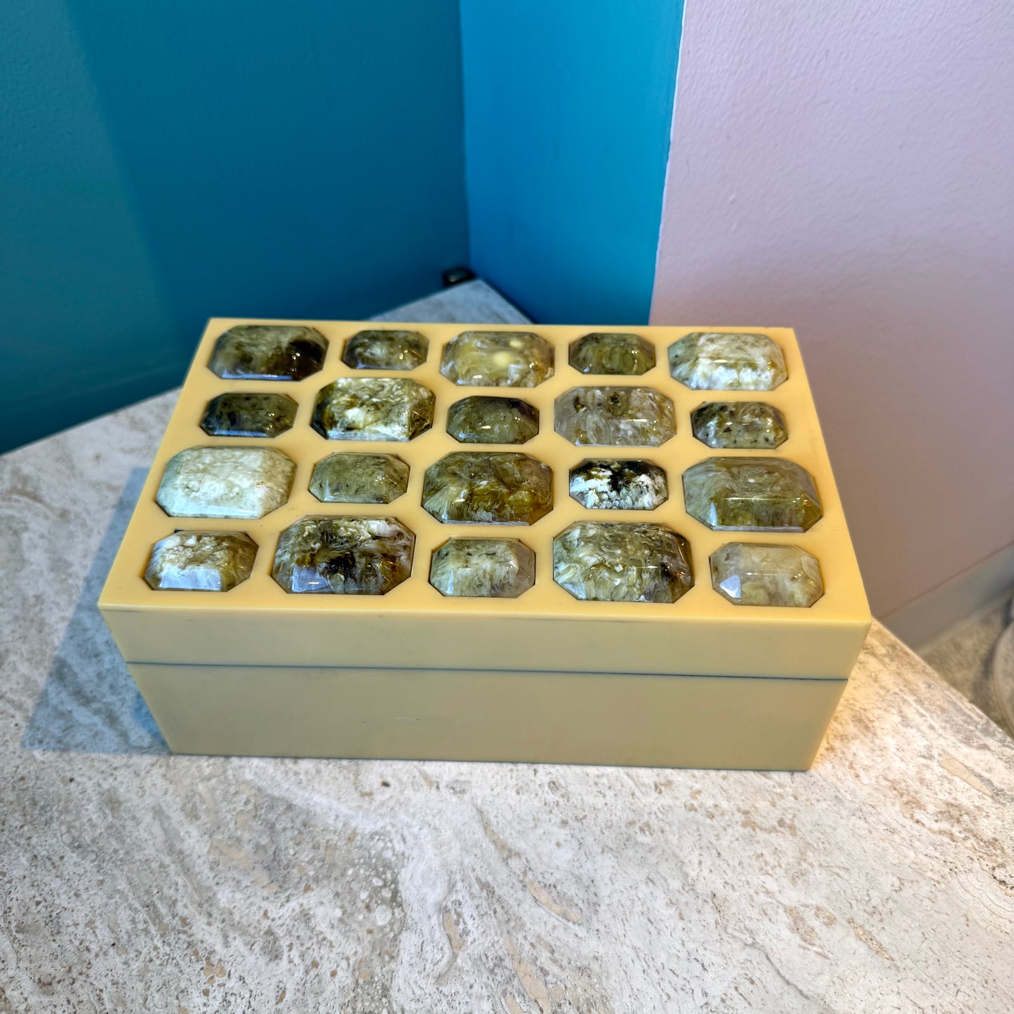 Gold Toned Resin Box with Decorative Gem Lid