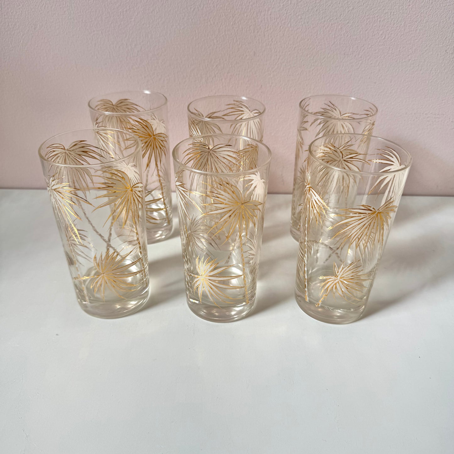 Vintage set of 6 Gold Palm Frond High Ball Glasses by Culver Ltd