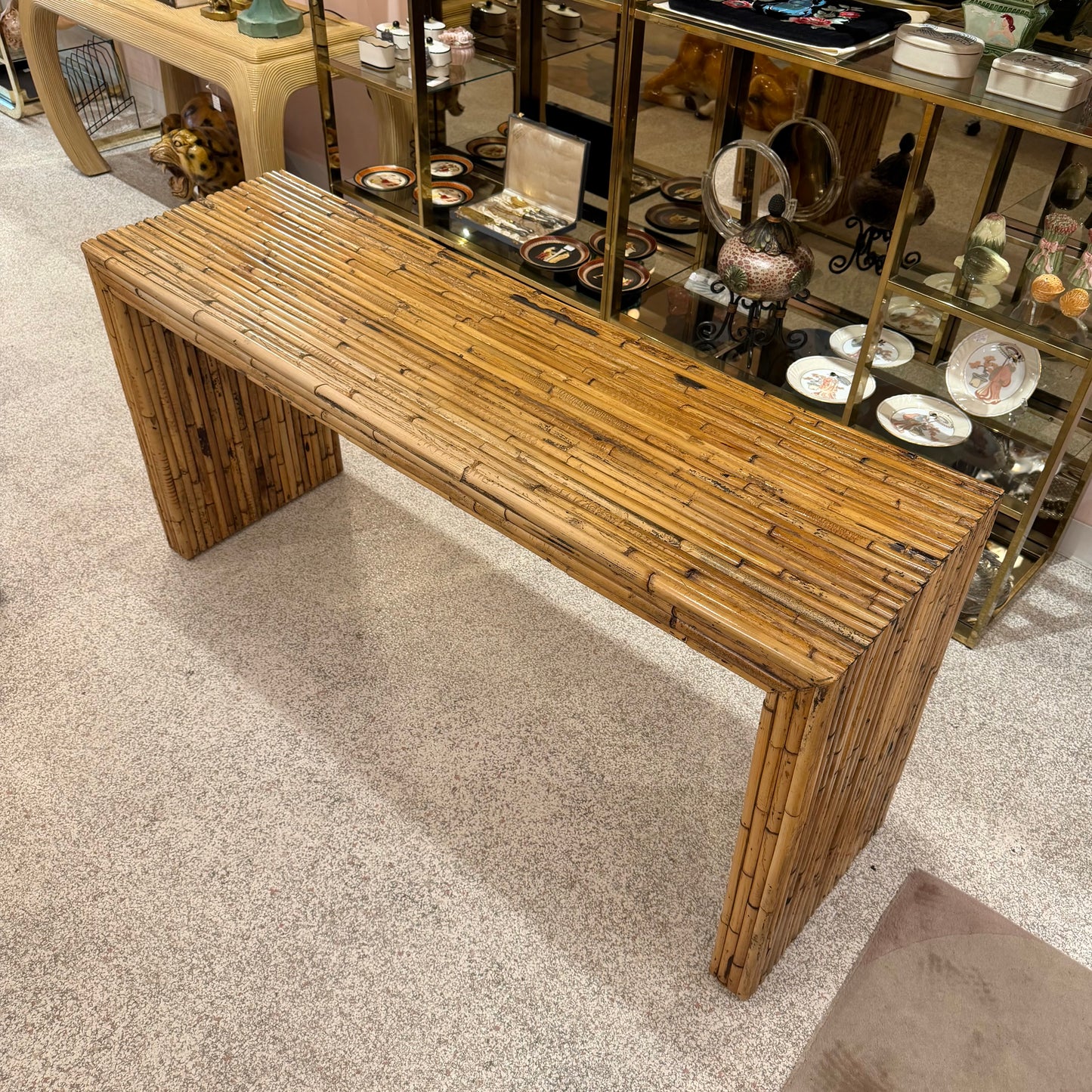 1970's Gabriella Crespi Style Bamboo Console Table