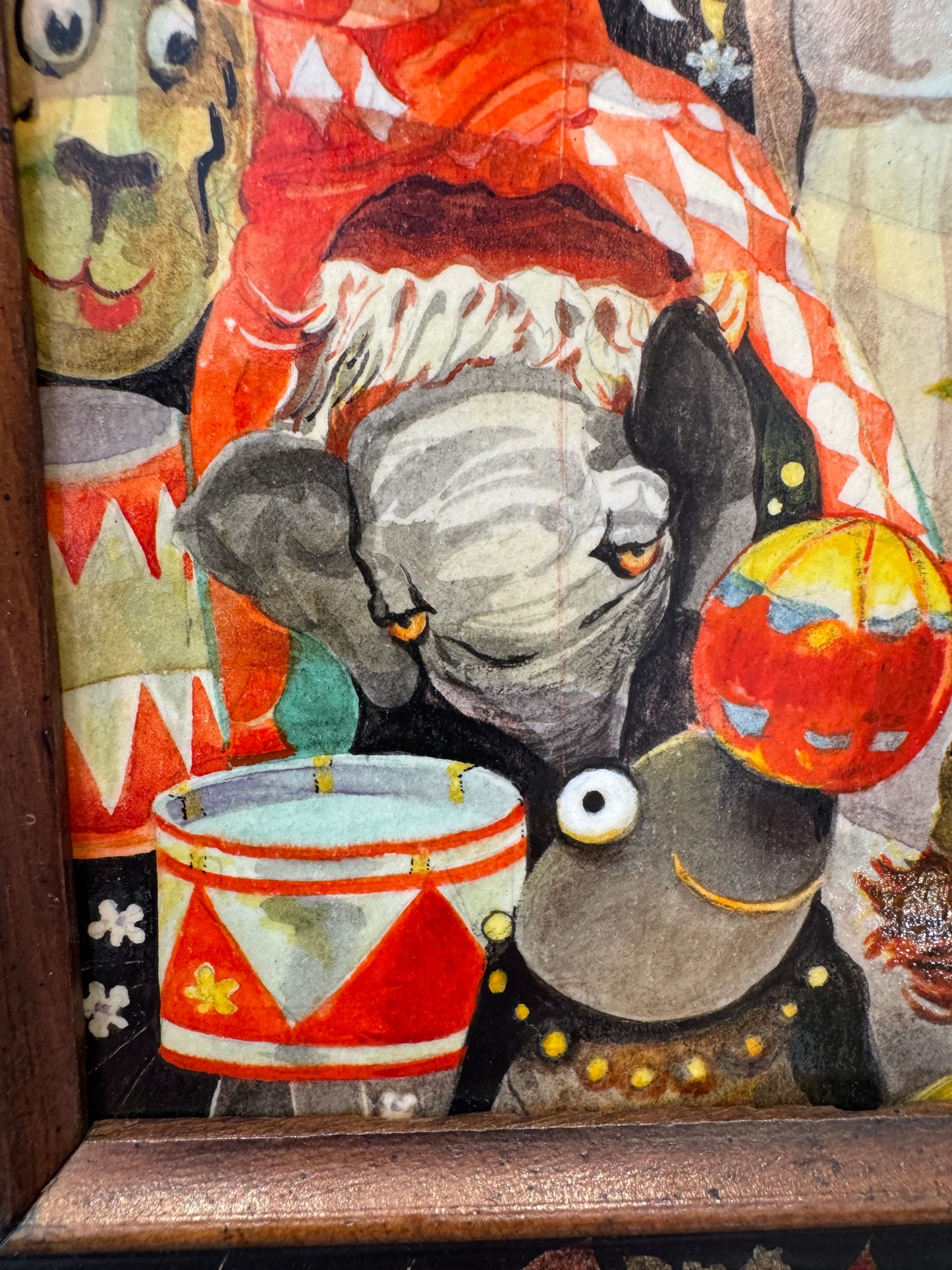 Vintage Small Original Framed "The Little Circus" 1980 Mixed Media on Board by Phyllis Londraville