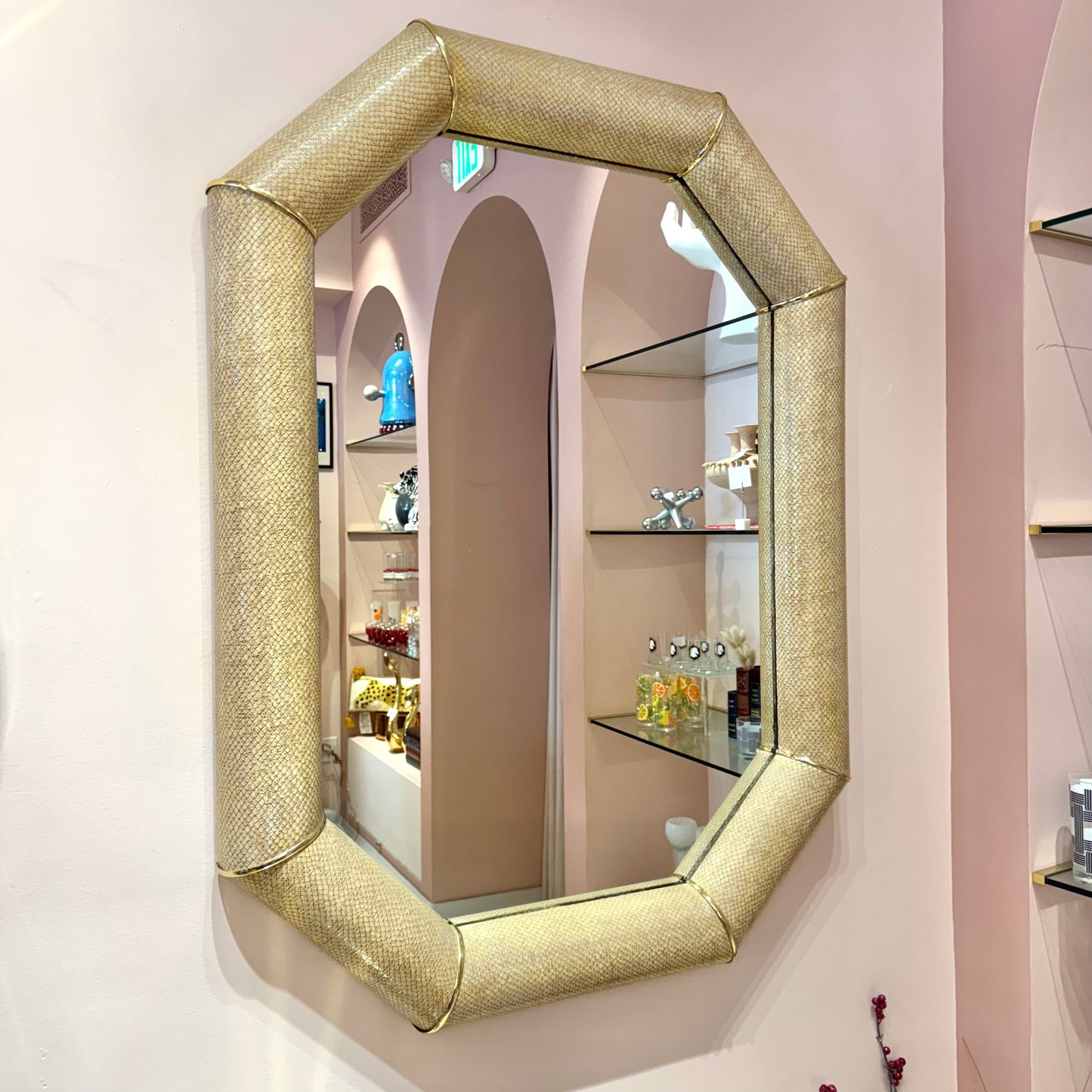Vintage Faux Snakeskin and Brass Octagonal Bullnose Mirror