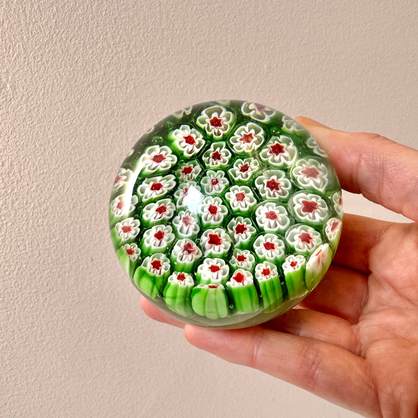 Vintage Green, Red and White Millefiori Paperweight