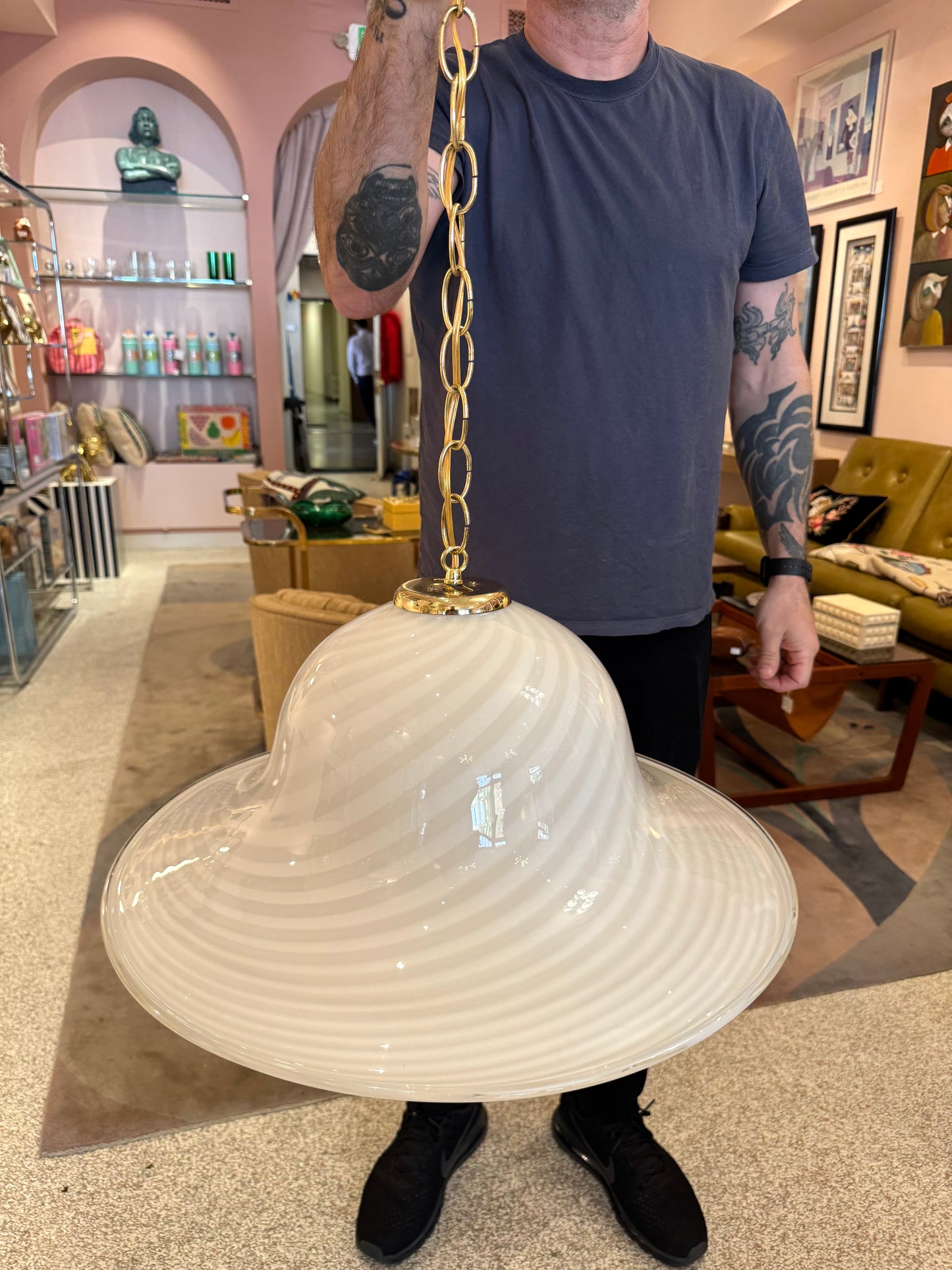Vintage Large White Murano Glass Pendant Chandelier