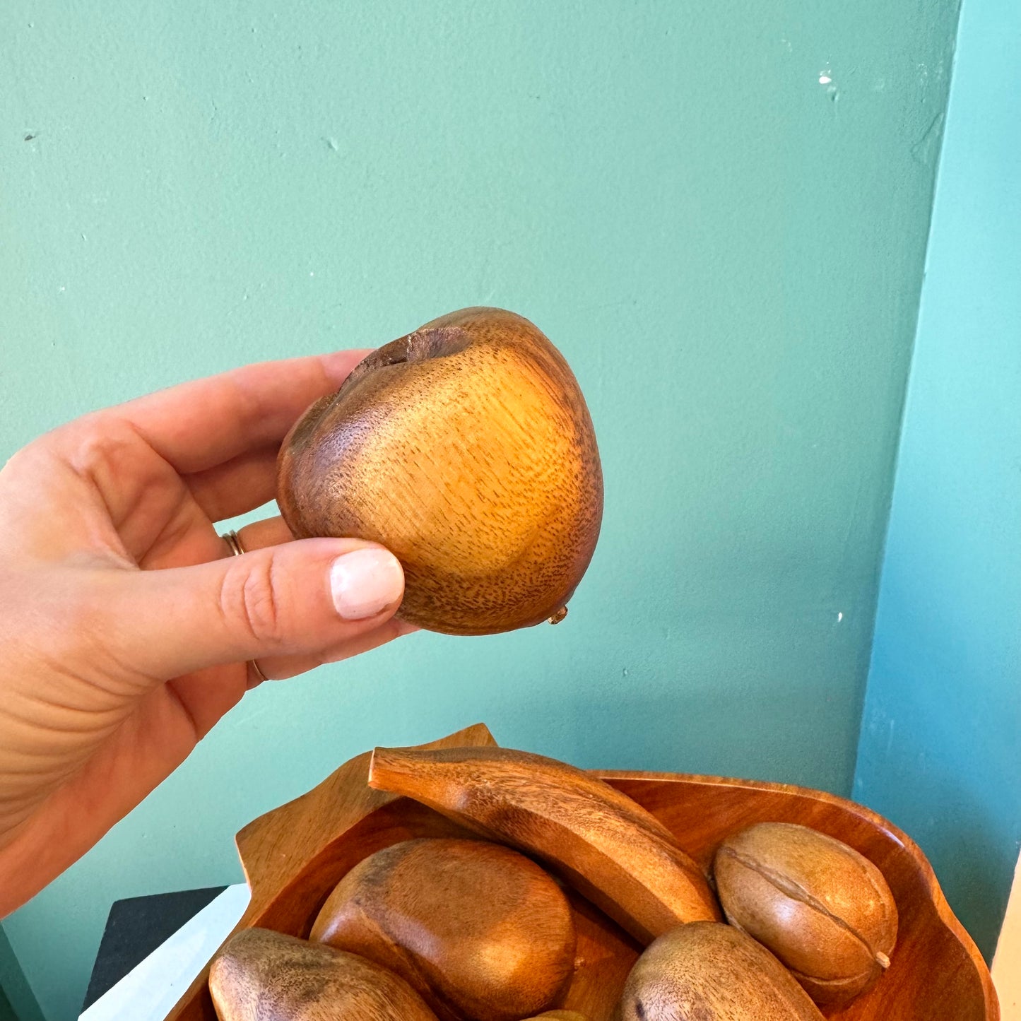 Mid Century Carved Monkey Pod Wooden Fruit and Bowl