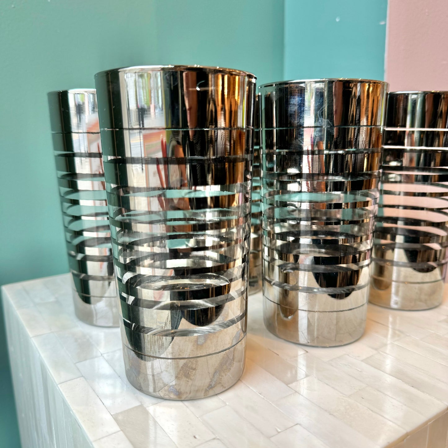 Set of 6 Mid Century Modern Metallic Striped Highball Glasses