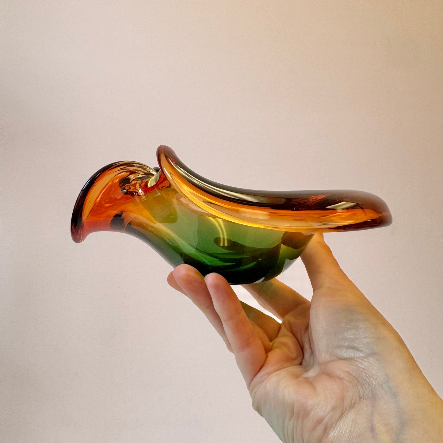 Vintage Murano Glass Style Curled Edge Green and Orange Sommerso Catchall Bowl
