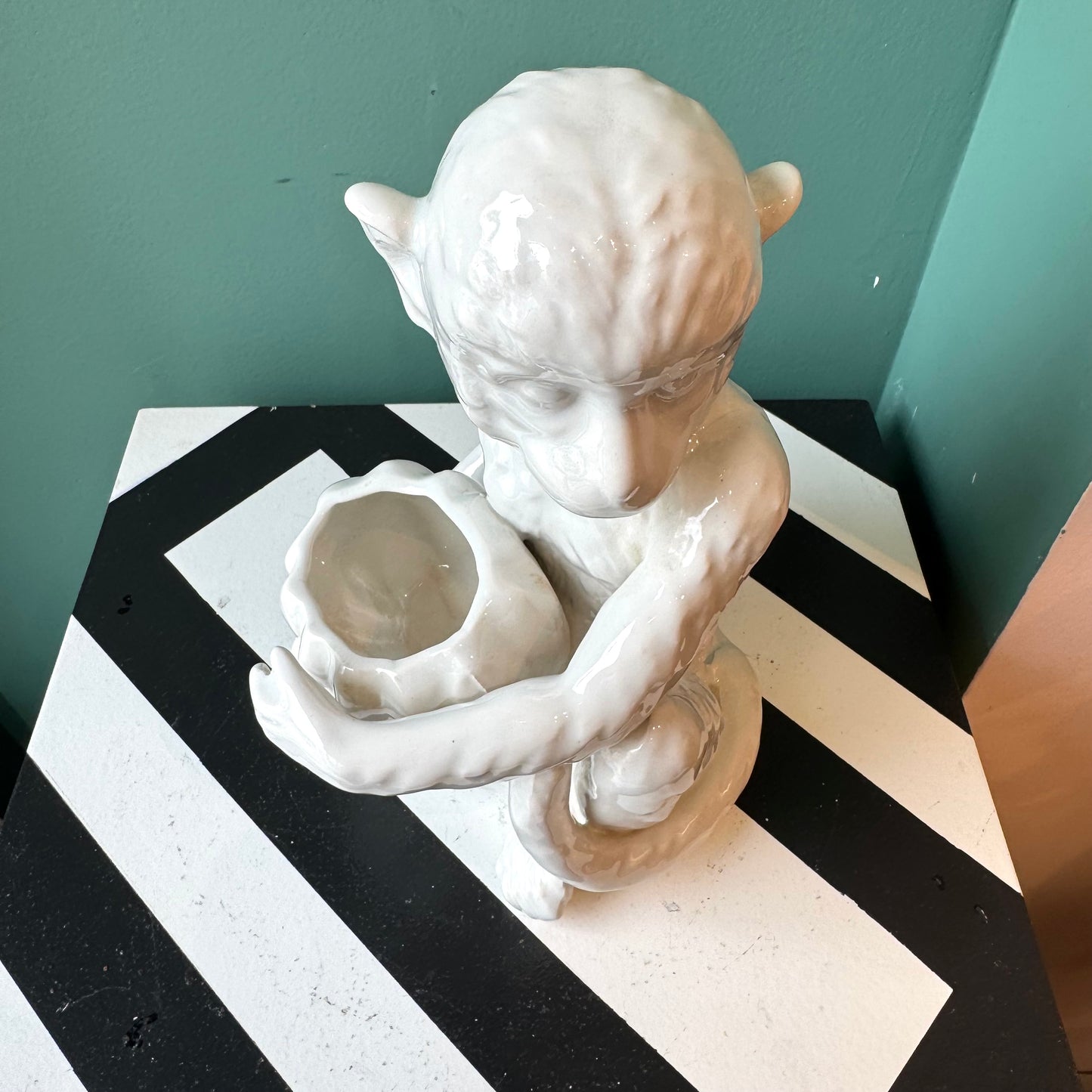 Vintage White Ceramic Monkey Planter