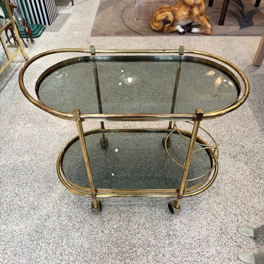 Vintage Oval Brass and Smoked Glass Rolling Bar Cart
