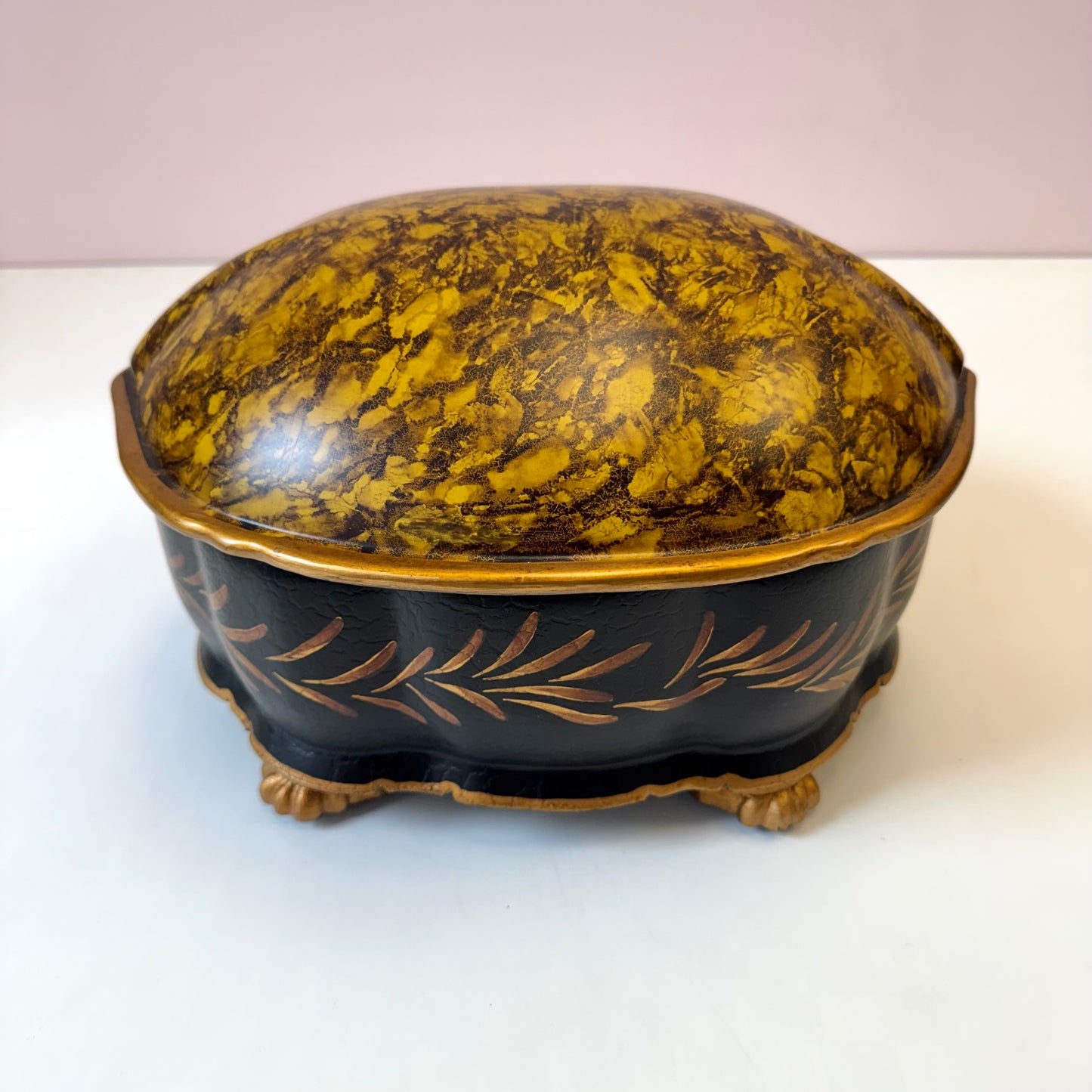 Vintage Large Hand Painted "Tortoise" Shell Lidded Jewelry Box by Castilian Imports
