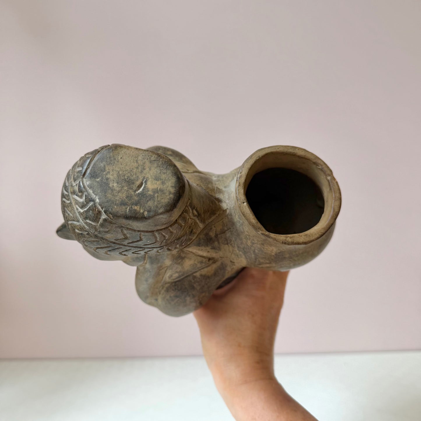 Vintage Mid-Century Aztec-Style 'Figure Carrying a Basket' Clay Pottery Planter (as is)