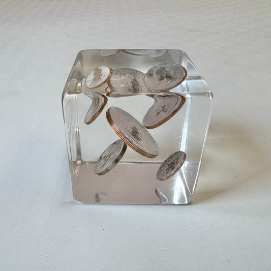 Vintage Cube Coin Lucite Paperweight