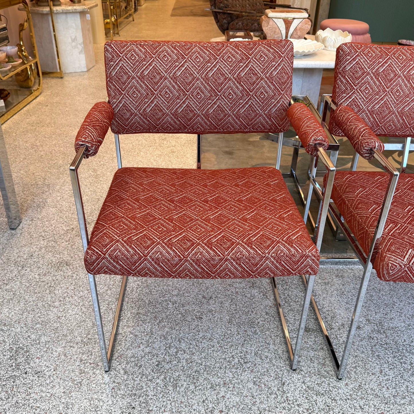 Vintage Set of 4 Milo Baughman '1188' Chrome and Orange Wool Dining Chairs