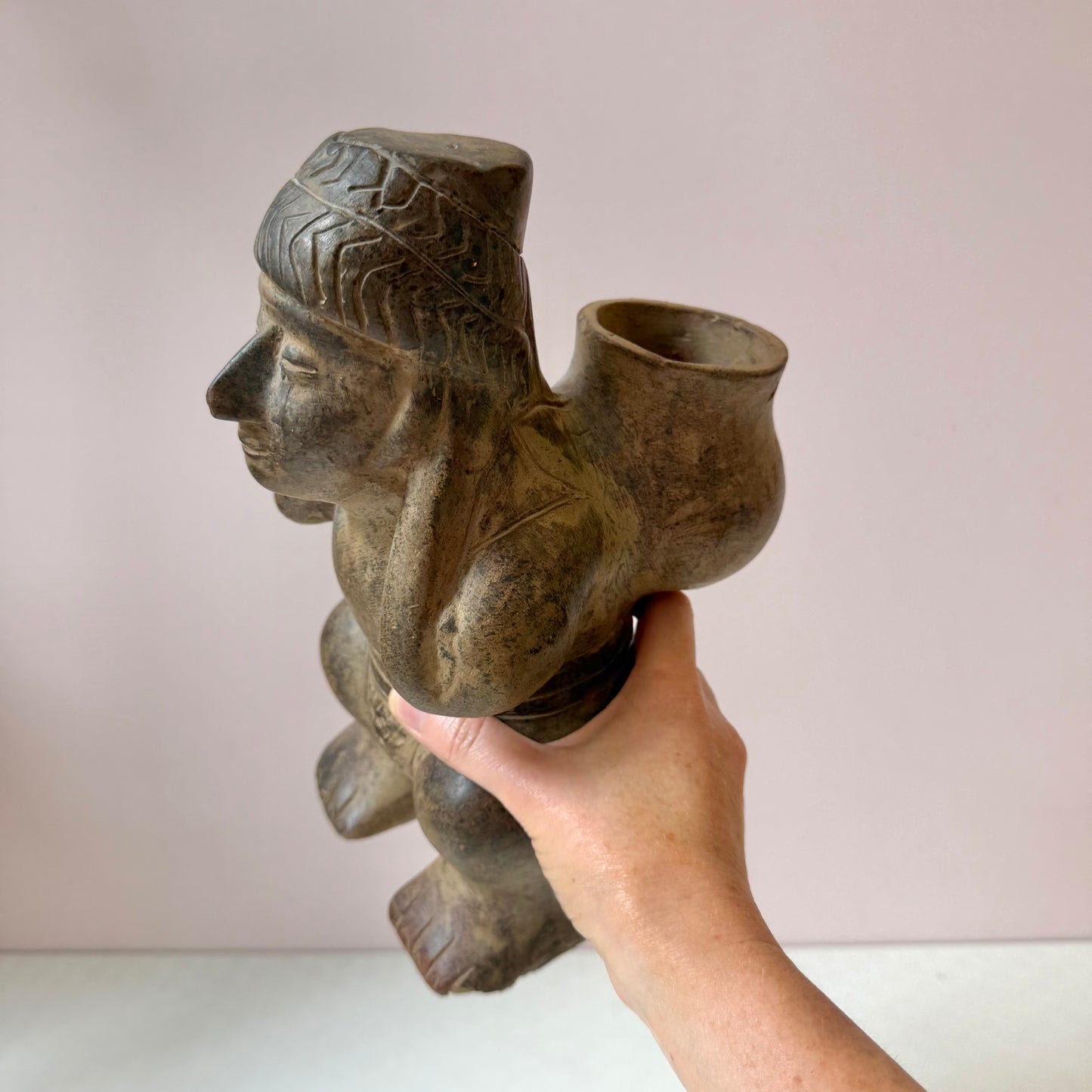 Vintage Mid-Century Aztec-Style 'Figure Carrying a Basket' Clay Pottery Planter (as is)