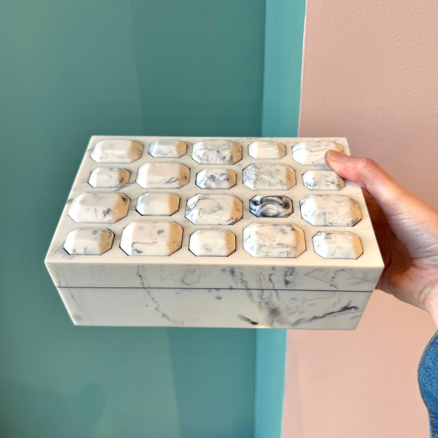 White Marbled Resin Box with Decorative Gem Lid