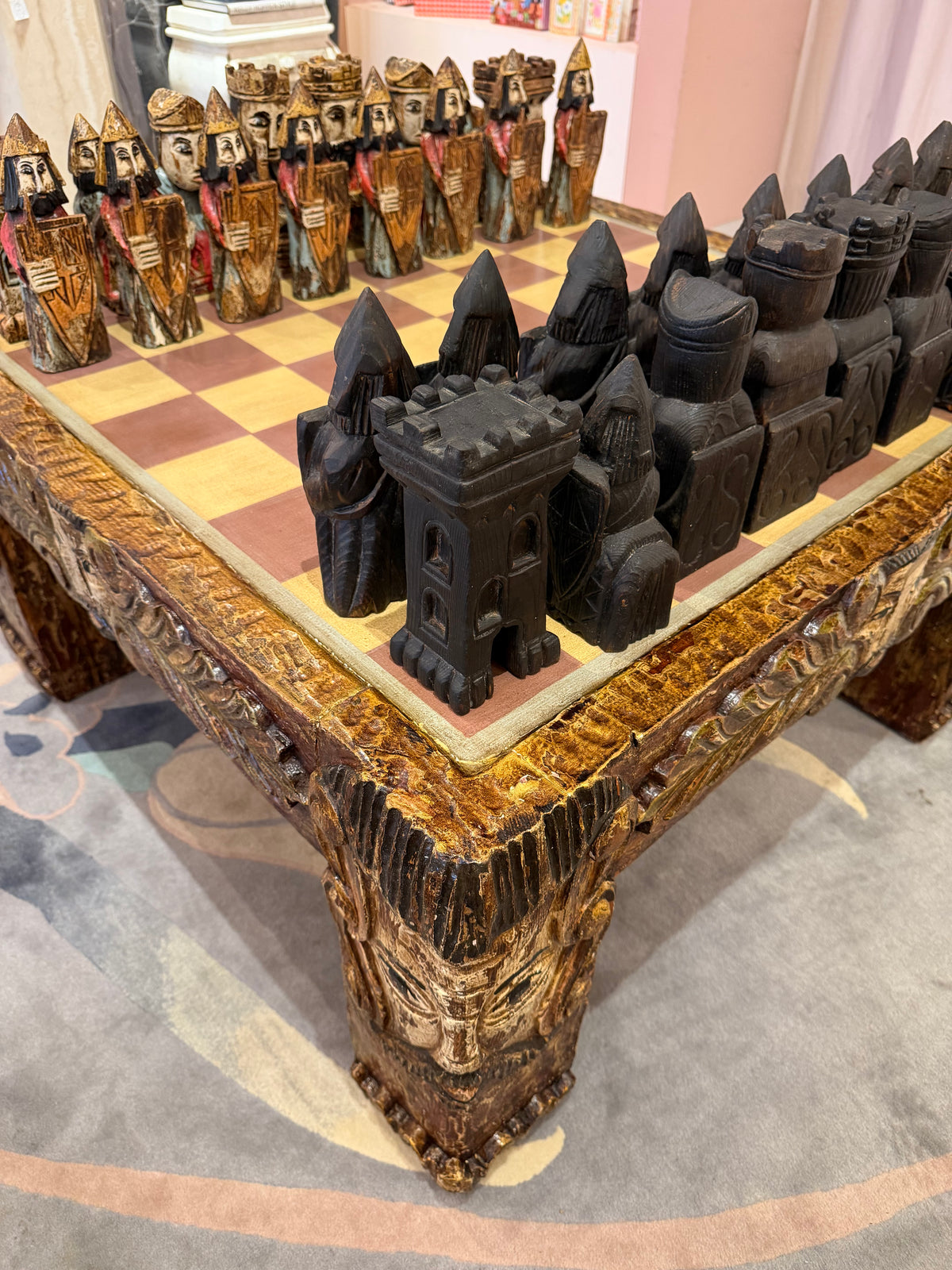 Vintage Mid-Century Carved Chess Board Coffee Table with Chess Pieces