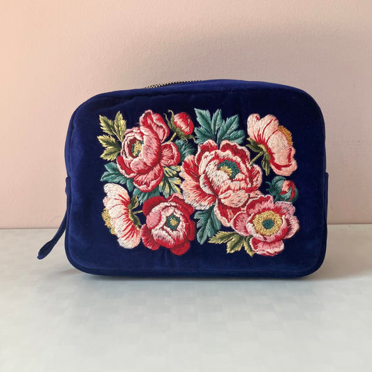 Velvet Embroidered Makeup Bag - Flowers