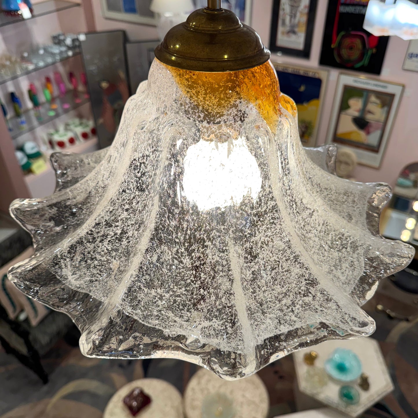 Vintage Two Tone Mazzega Style Glass Pendant Light Fixture