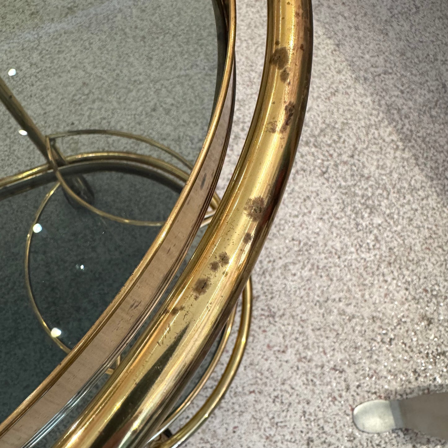 Vintage Oval Brass and Smoked Glass Rolling Bar Cart