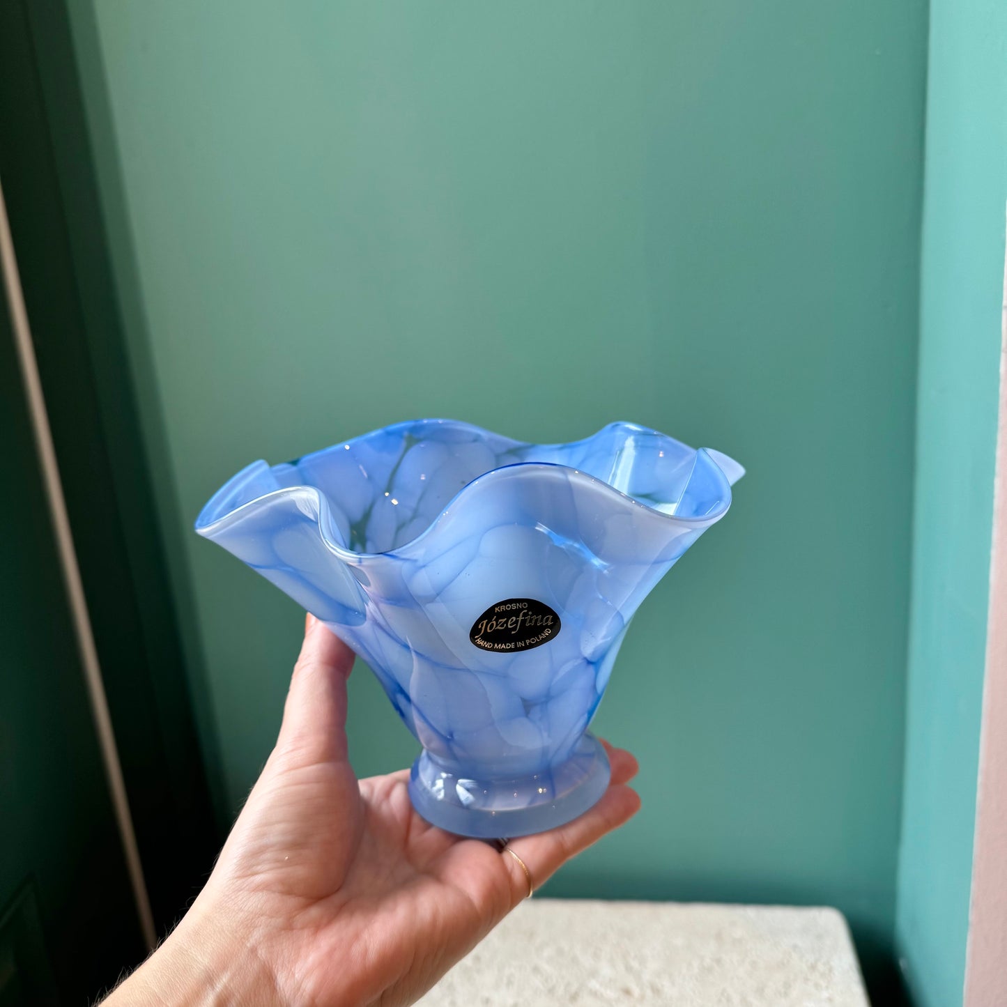 Vintage Krosno Józefina Poland Blue Swirl Ruffled Art Glass Bowl/Vase