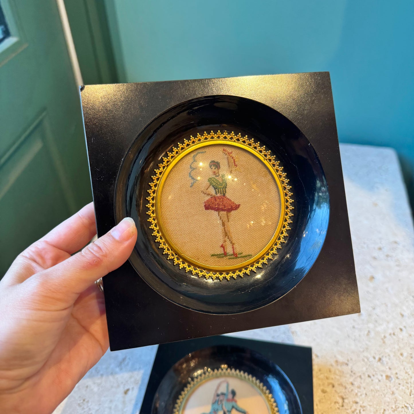 Pair of Vintage Needlepoint Ballerina Wall Plaques