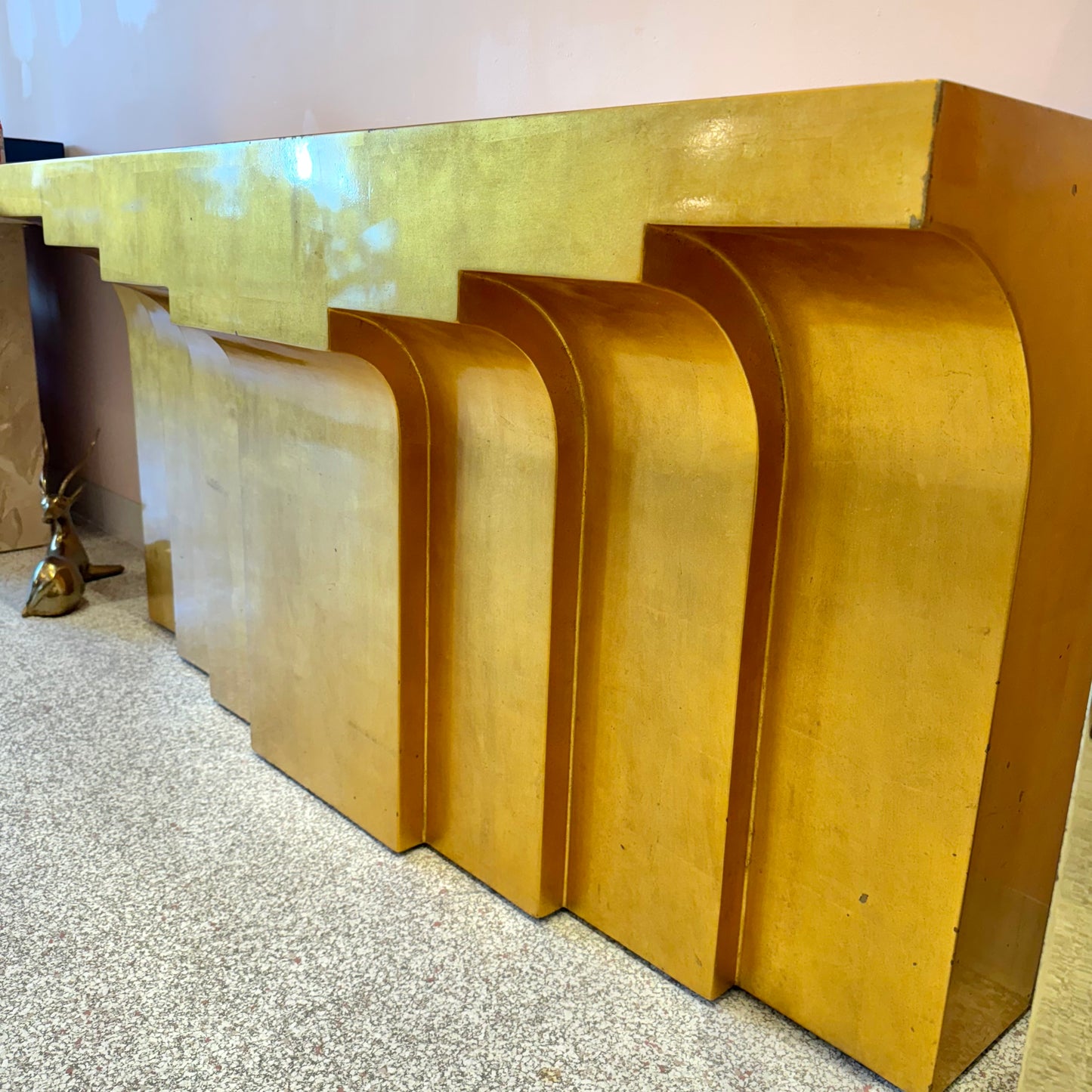 Karl Springer Style Gold Leaf Stepped Console Table