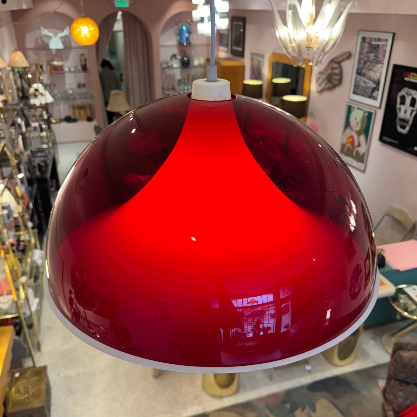 Vintage Red and White Space Age Dome Pendant Light