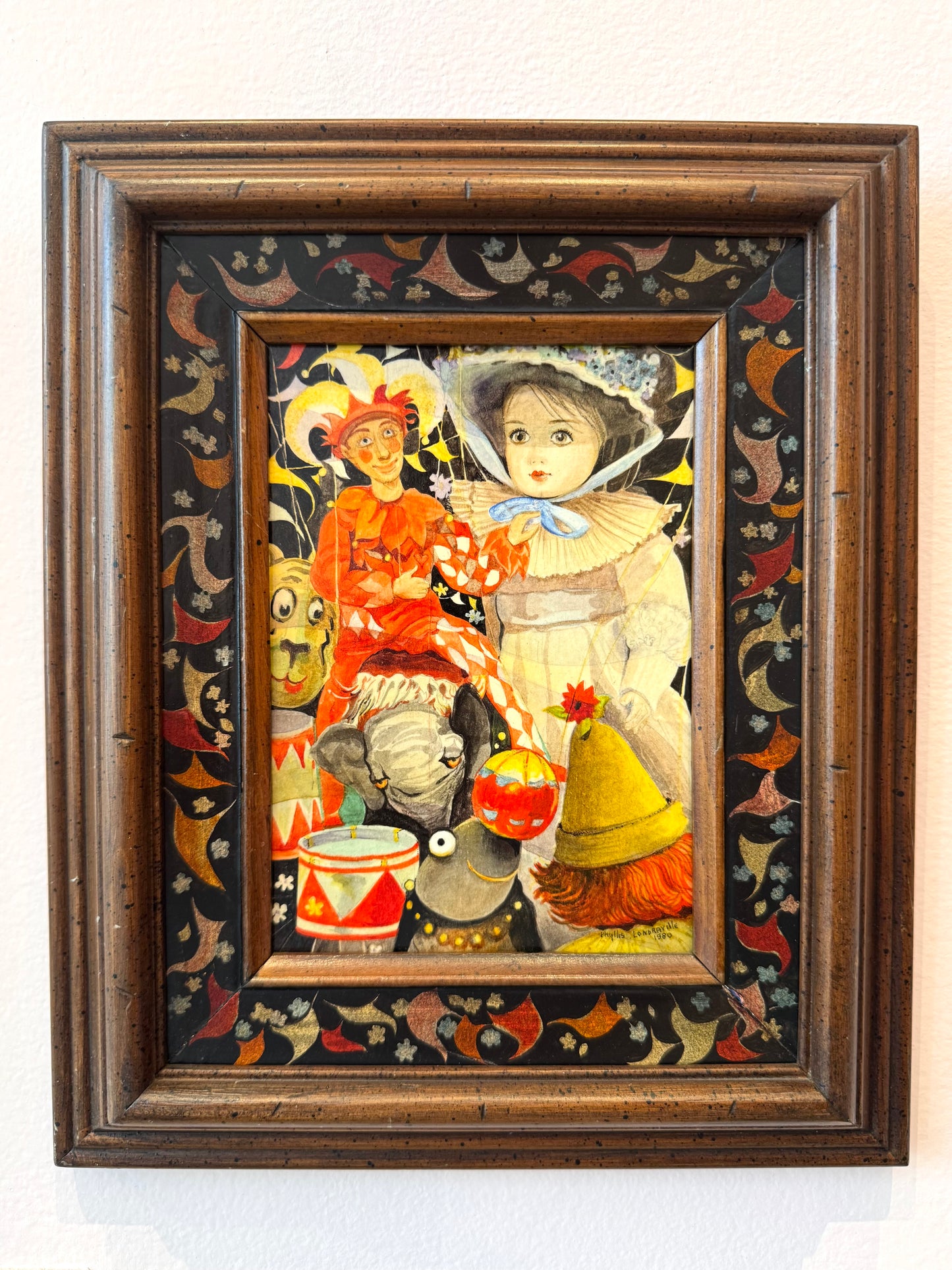 Vintage Small Original Framed "The Little Circus" 1980 Mixed Media on Board by Phyllis Londraville