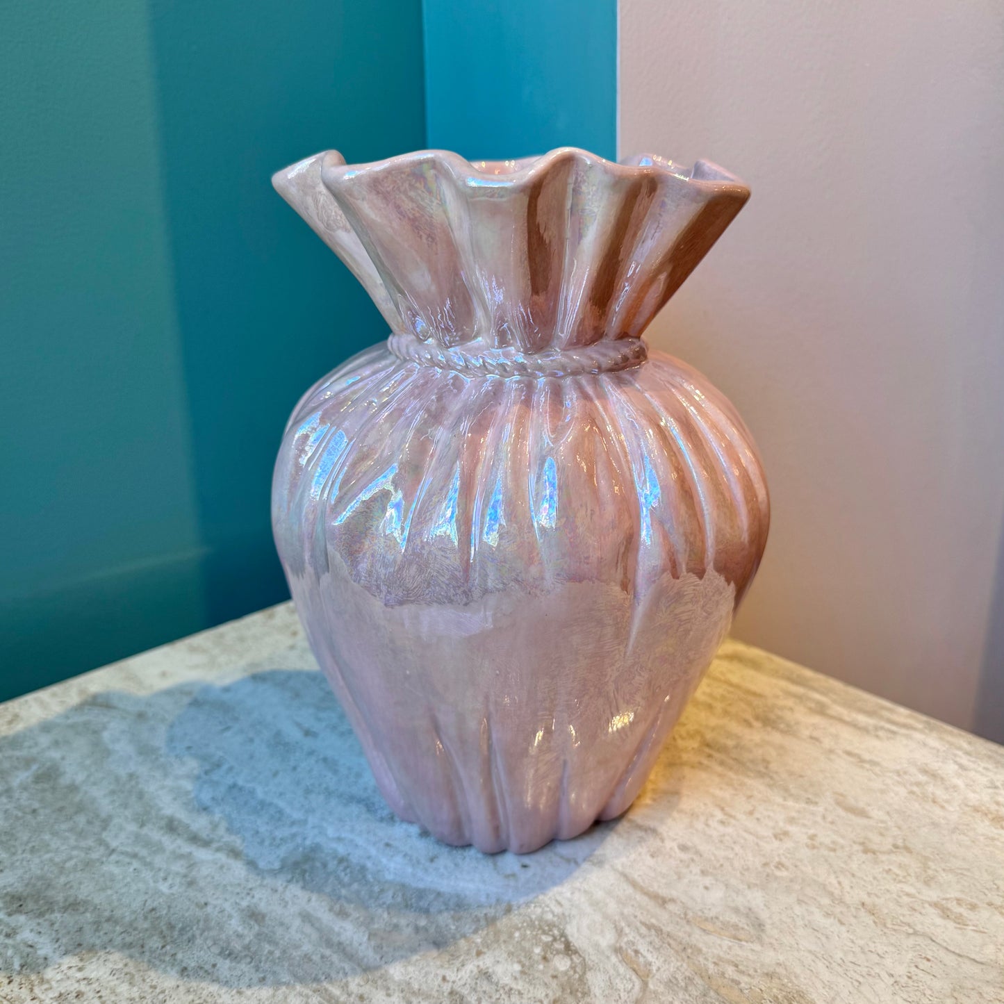 Vintage Opalescent Pink Ceramic "Paper Bag" Vase