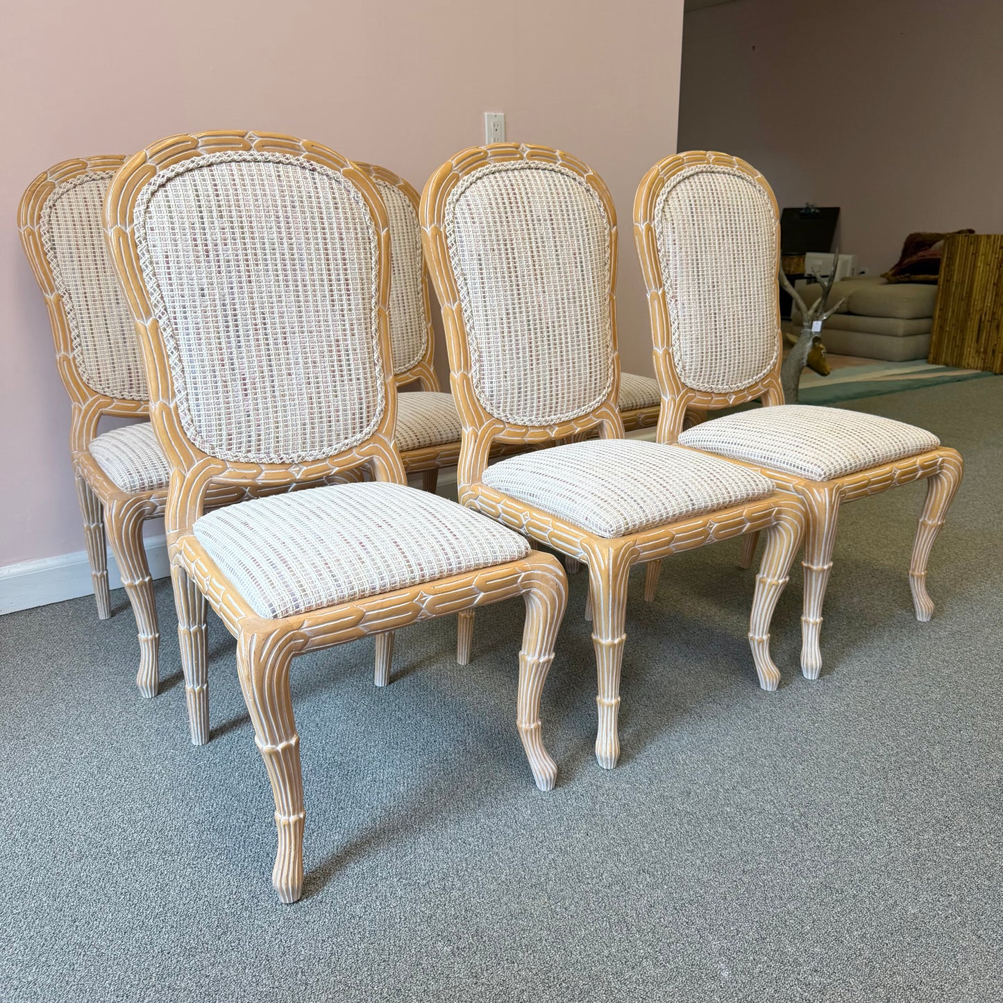 Vintage Regency Serge Roche Style Faux Bois Dining Chairs - Set of 6