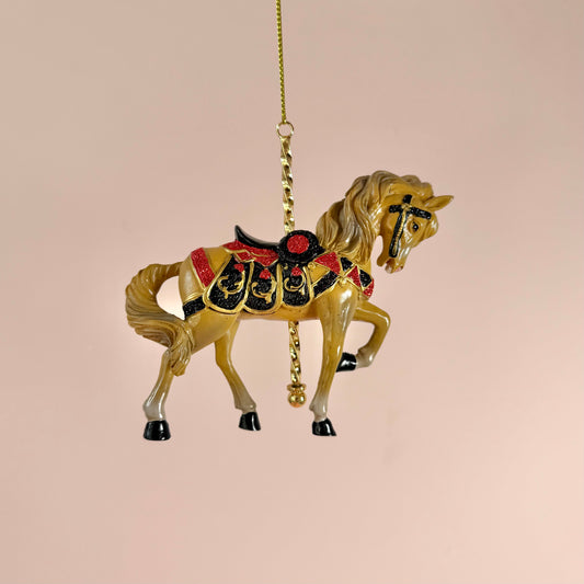 Resin Tan, Red and Black Carousel Horse Ornament