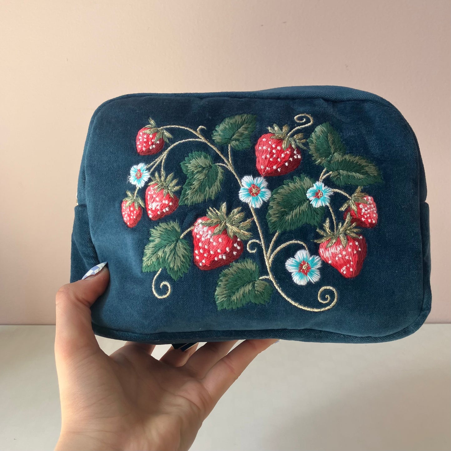 Velvet Embroidered Makeup Bag - Strawberry