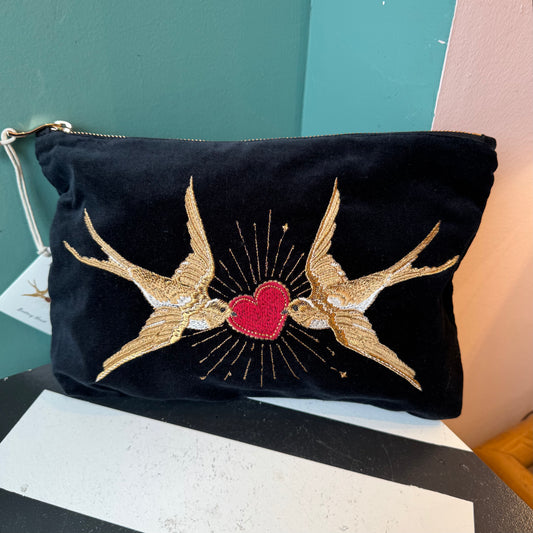 Sacred Swallows Charcoal Velvet Everyday Pouch by Elizabeth Scarlett