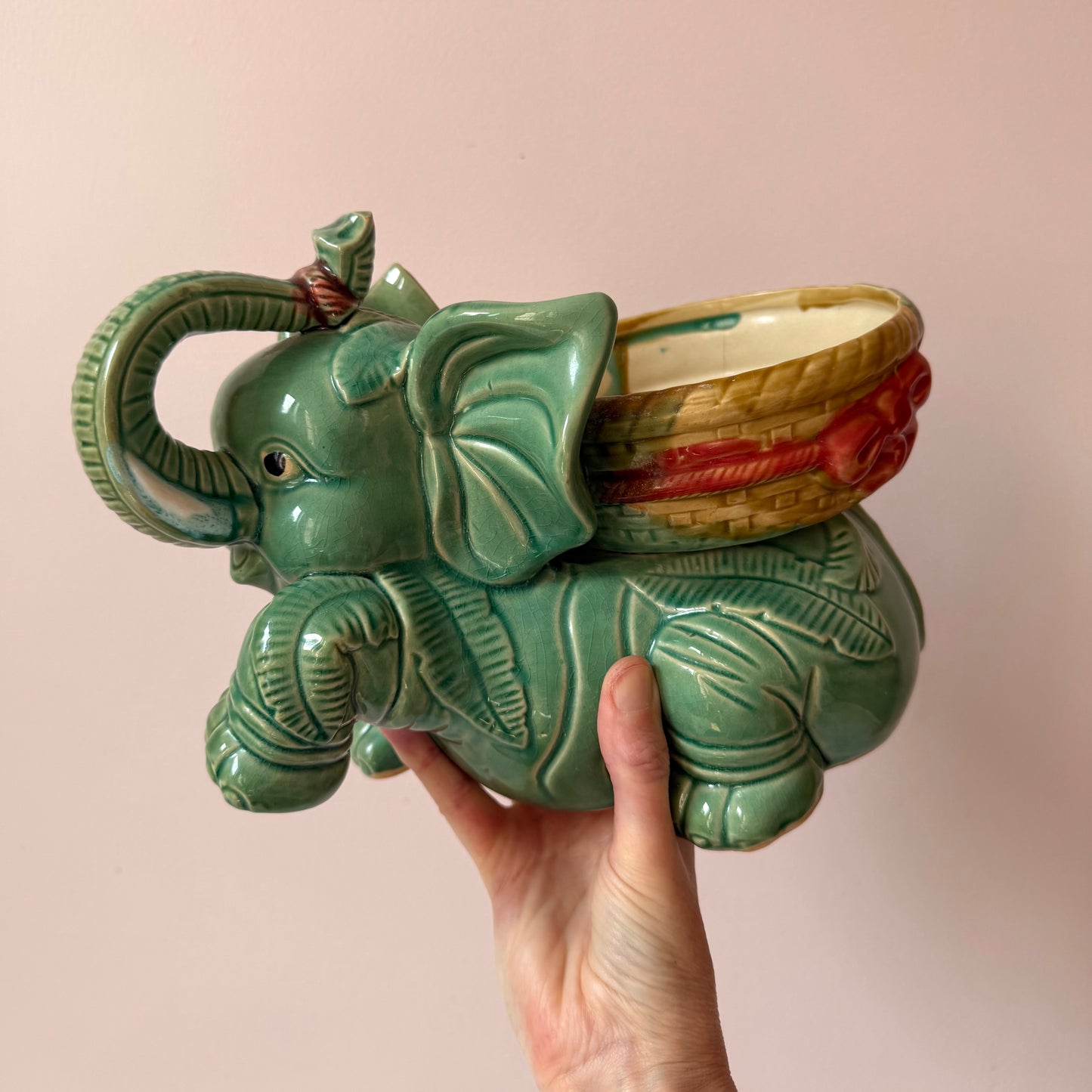 Vintage Green Ceramic Elephant Planter