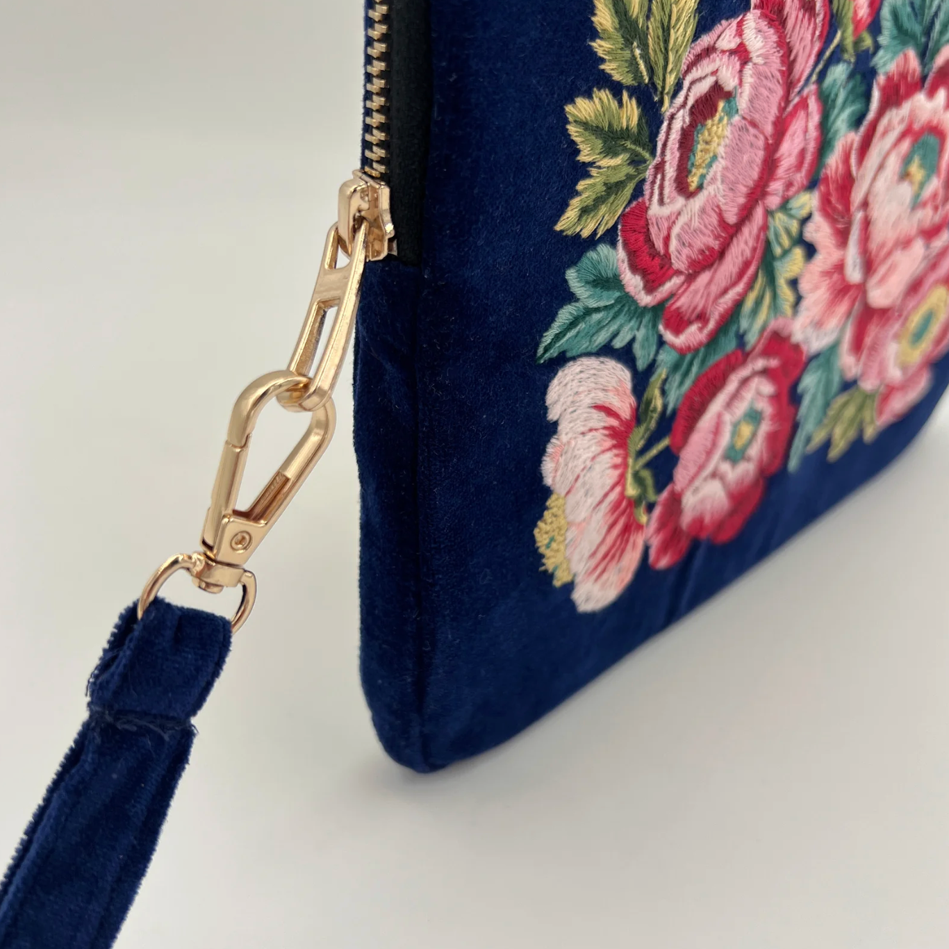 Royal Blue Velvet Embroidered Everything Pouch - Peony Flowers