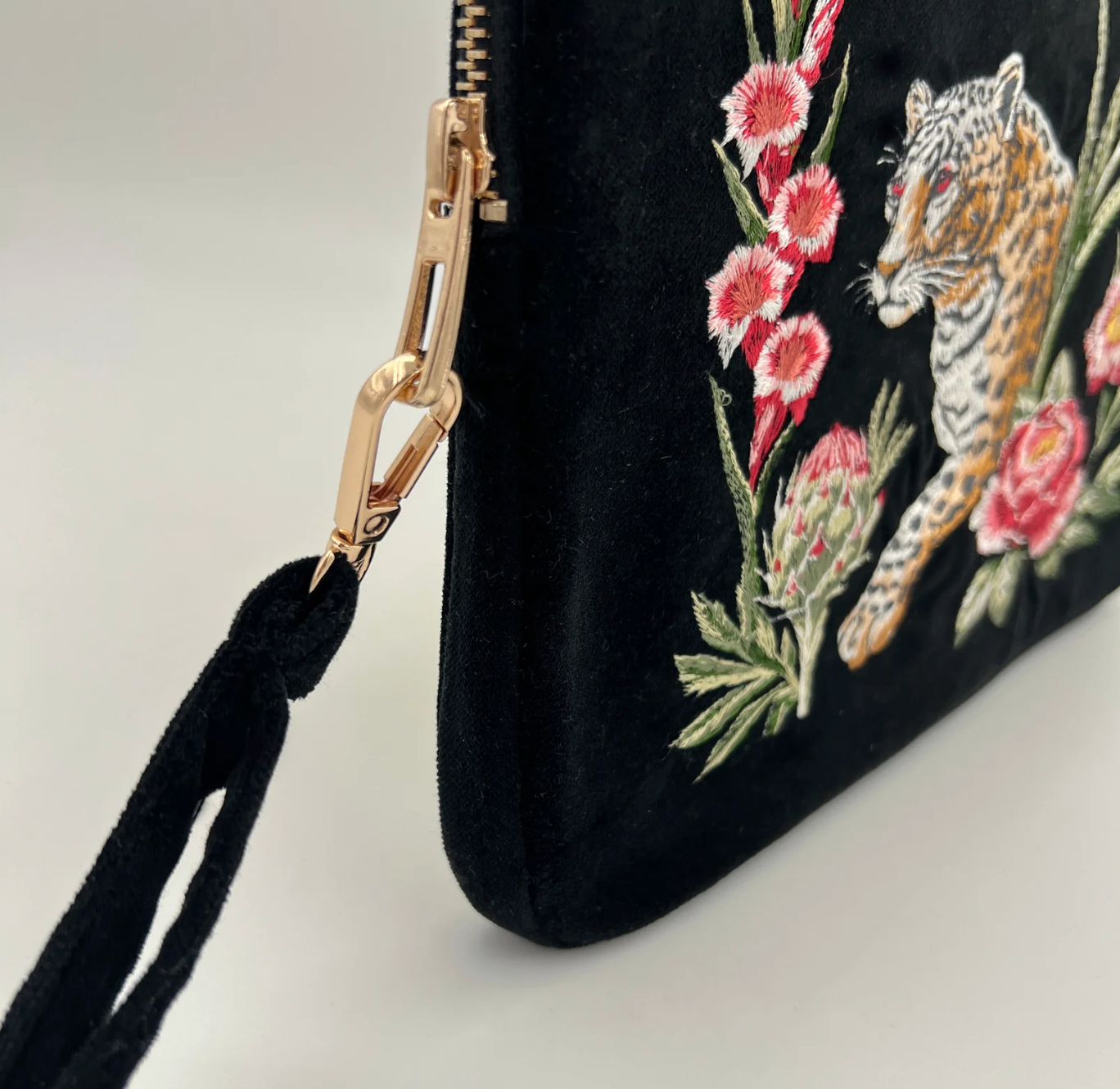 Black Velvet Embroidered Everything Pouch - Leopard