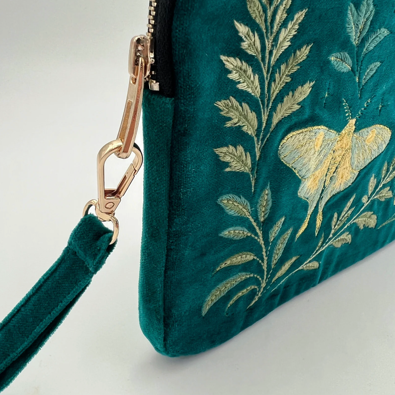 Green Velvet Embroidered Everything Pouch - Luna Moth & Crescent Moon