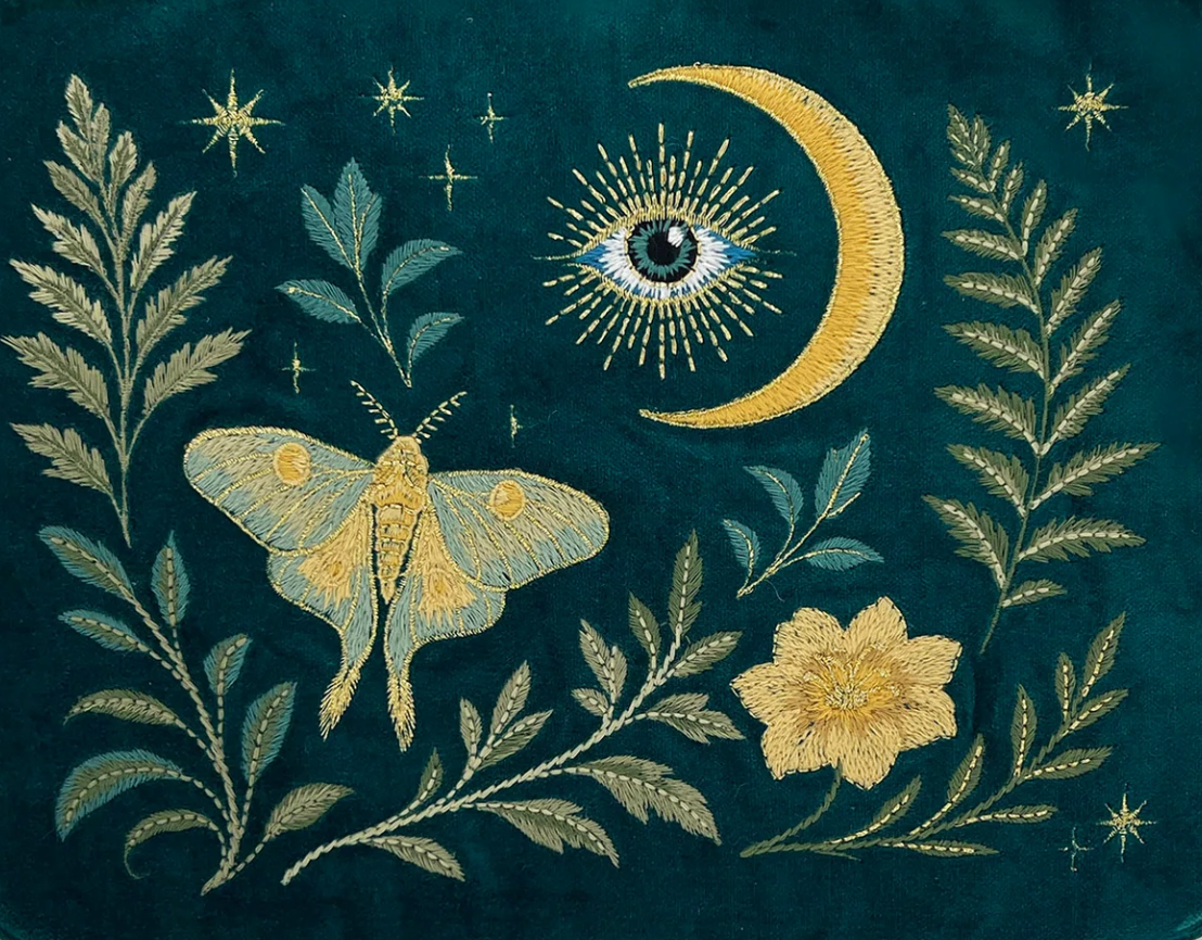 Green Velvet Embroidered Everything Pouch - Luna Moth & Crescent Moon