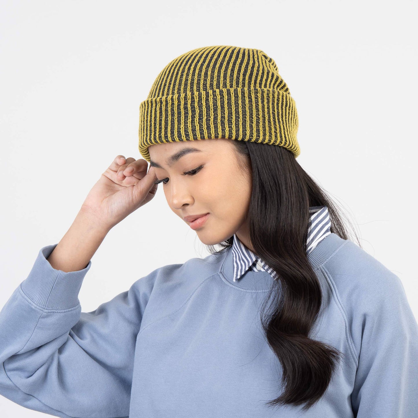 Rib Knit Beanie: Golden Olive Navy