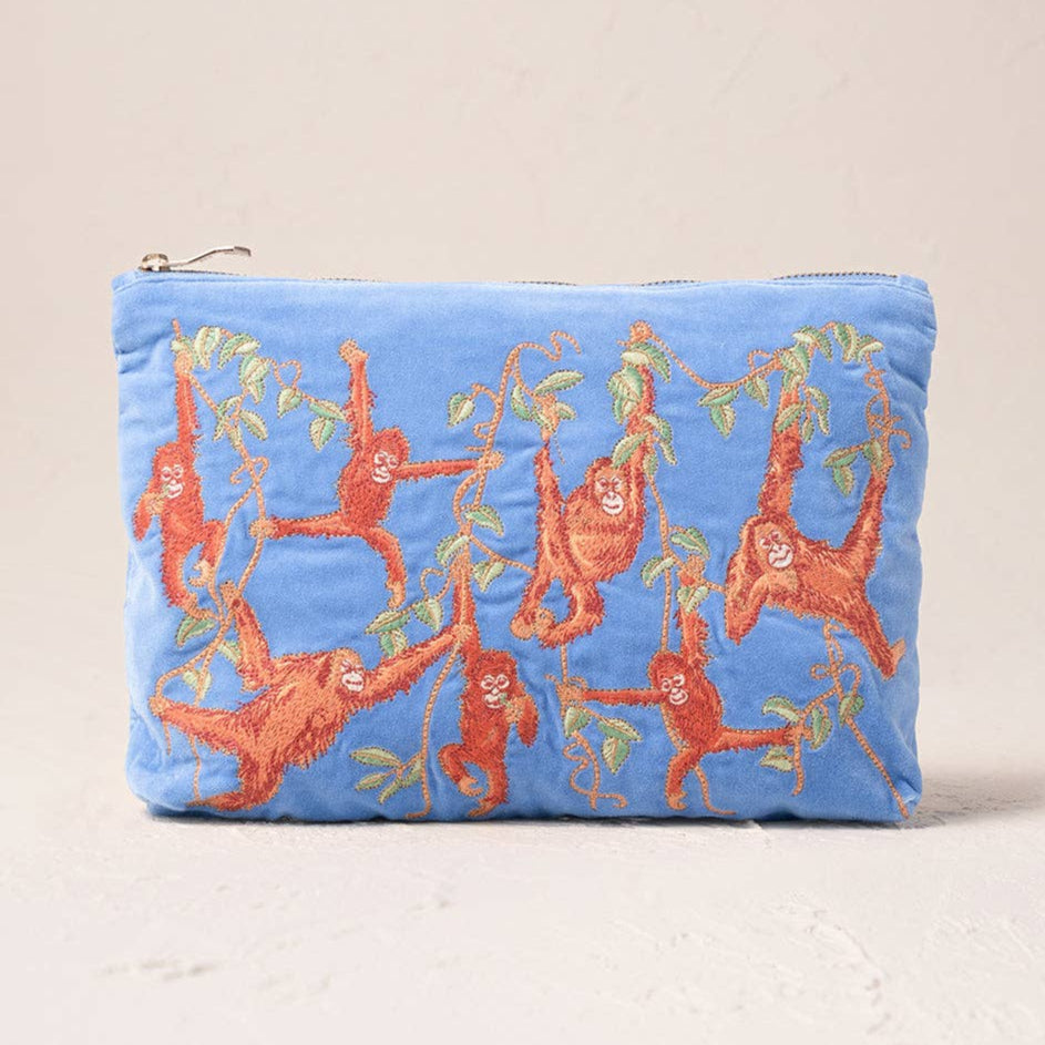 Orangutans Caribbean Blue Velvet Large Everyday Pouch by Elizabeth Scarlett