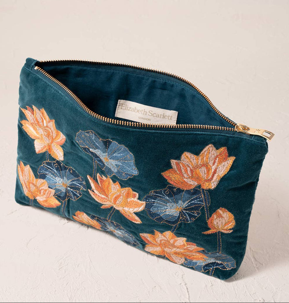 Lotus Rich Blue Velvet Large Everyday Pouch by Elizabeth Scarlett